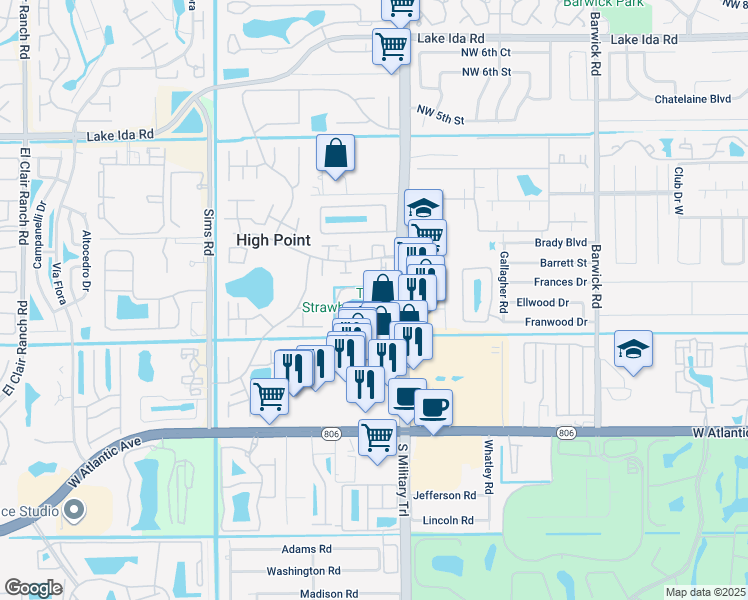 map of restaurants, bars, coffee shops, grocery stores, and more near 14401 South Military Trail in Delray Beach