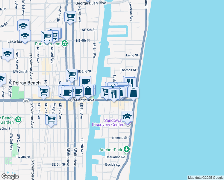 map of restaurants, bars, coffee shops, grocery stores, and more near 32 Seabreeze Avenue in Delray Beach