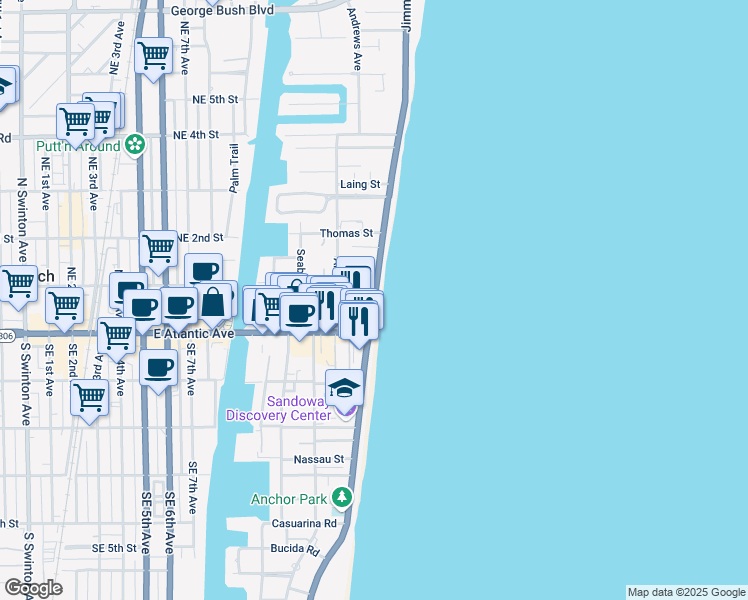 map of restaurants, bars, coffee shops, grocery stores, and more near 64 North Ocean Boulevard in Delray Beach