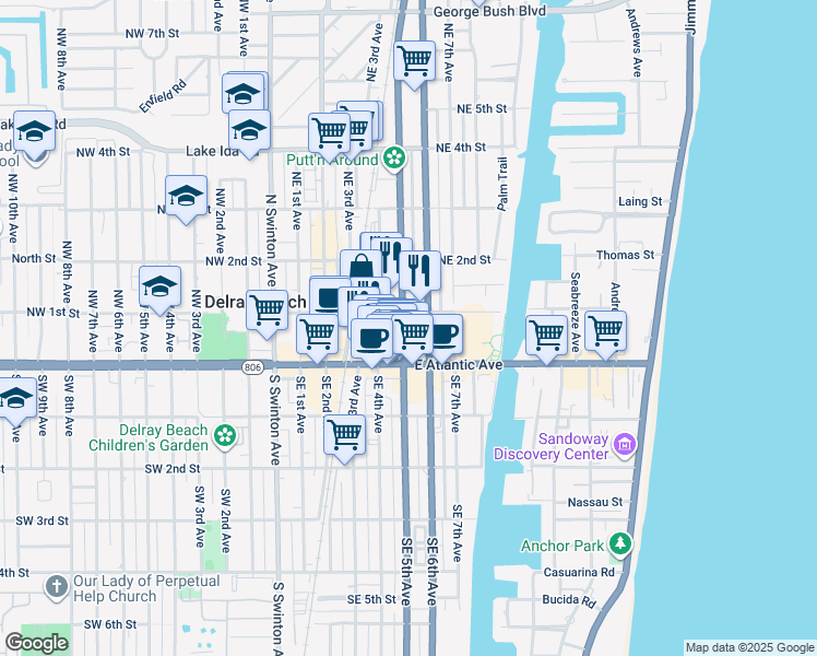 map of restaurants, bars, coffee shops, grocery stores, and more near 74 Northeast 5th Avenue in Delray Beach