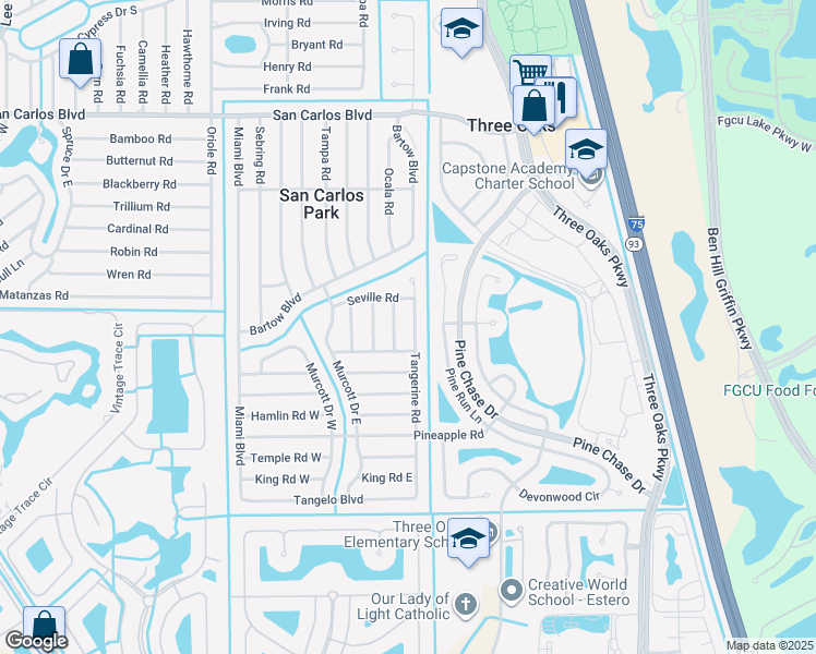 map of restaurants, bars, coffee shops, grocery stores, and more near 19028 Tangerine Road in Fort Myers