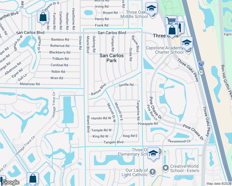 map of restaurants, bars, coffee shops, grocery stores, and more near 19025 Murcott Drive East in Fort Myers