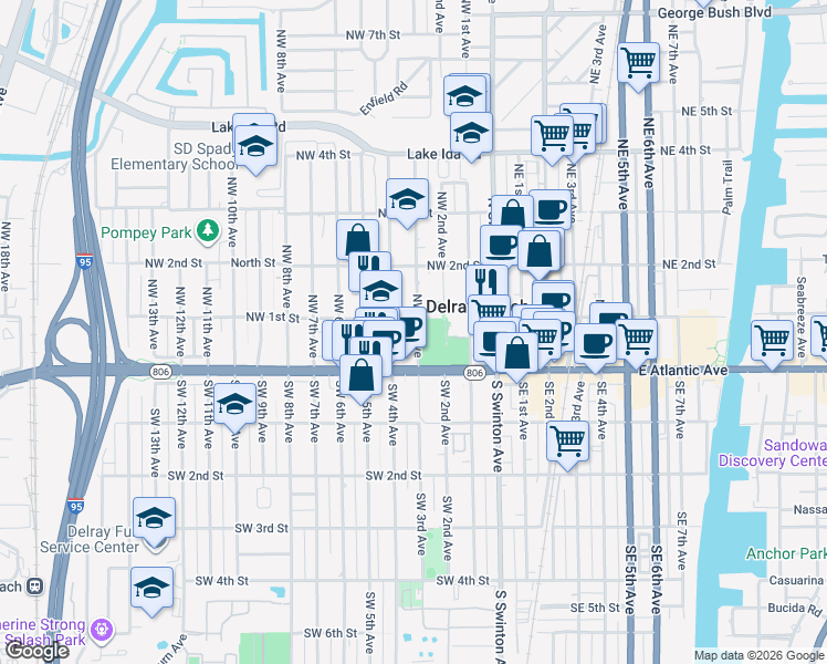 map of restaurants, bars, coffee shops, grocery stores, and more near 78 Northwest 3rd Avenue in Delray Beach