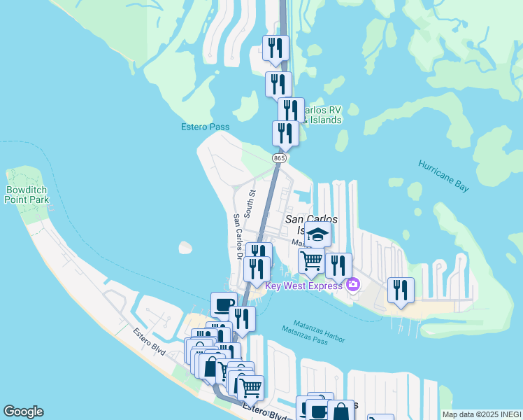 map of restaurants, bars, coffee shops, grocery stores, and more near 19190 San Carlos Boulevard in Fort Myers Beach