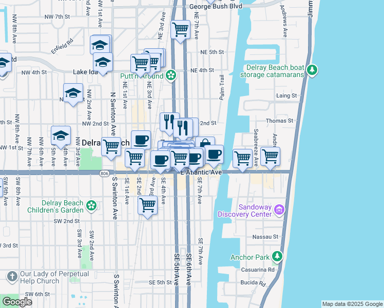 map of restaurants, bars, coffee shops, grocery stores, and more near 75 Northeast 6th Avenue in Delray Beach