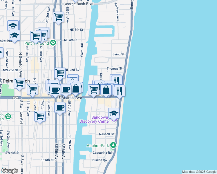 map of restaurants, bars, coffee shops, grocery stores, and more near 35 Andrews Avenue in Delray Beach