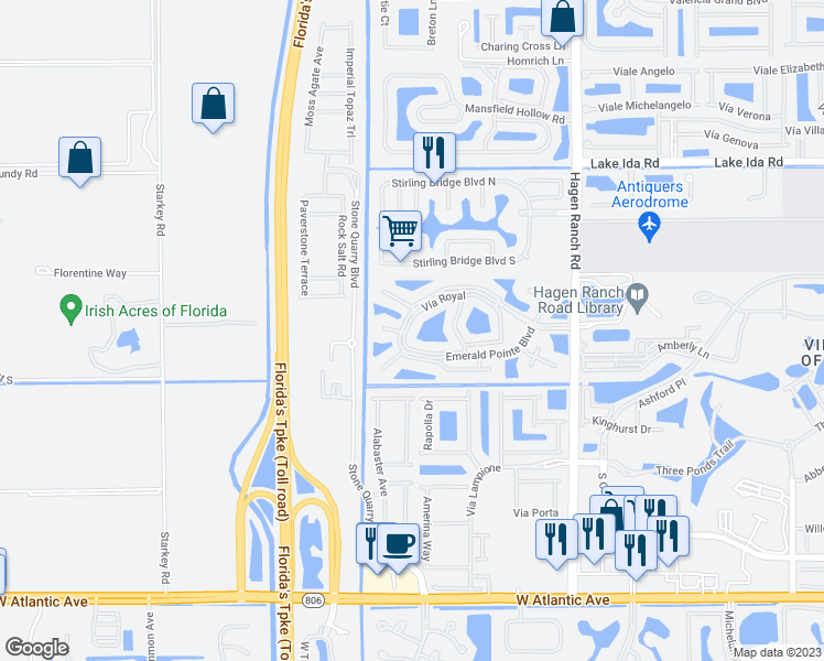 map of restaurants, bars, coffee shops, grocery stores, and more near 14490 Vía Royale in Delray Beach