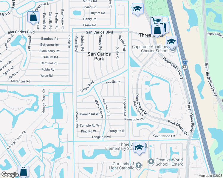 map of restaurants, bars, coffee shops, grocery stores, and more near 19020 Orlando Road in Fort Myers