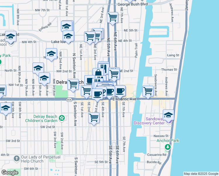 map of restaurants, bars, coffee shops, grocery stores, and more near 74 Northeast 5th Avenue in Delray Beach