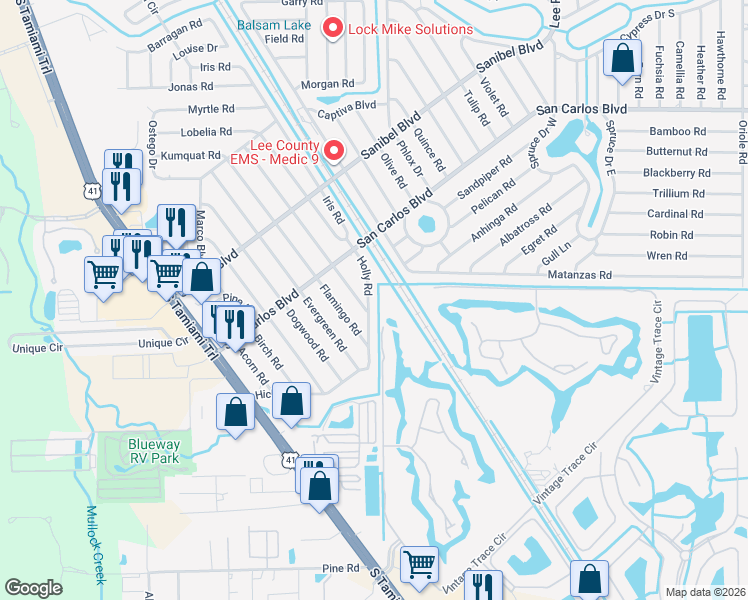 map of restaurants, bars, coffee shops, grocery stores, and more near 19040 Holly Road in Fort Myers