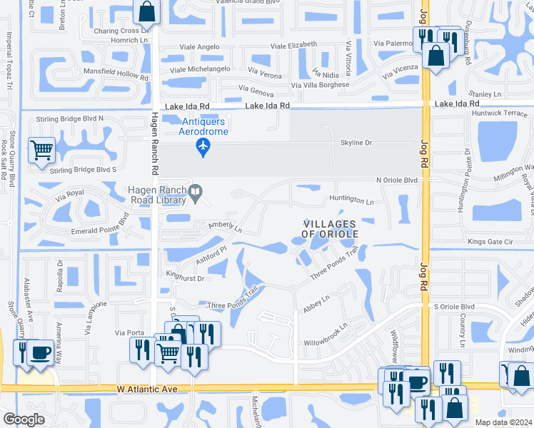 map of restaurants, bars, coffee shops, grocery stores, and more near 14476 Amberly Lane in Delray Beach