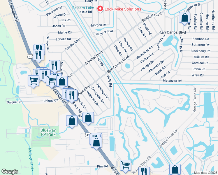 map of restaurants, bars, coffee shops, grocery stores, and more near 19040 Holly Road in Fort Myers