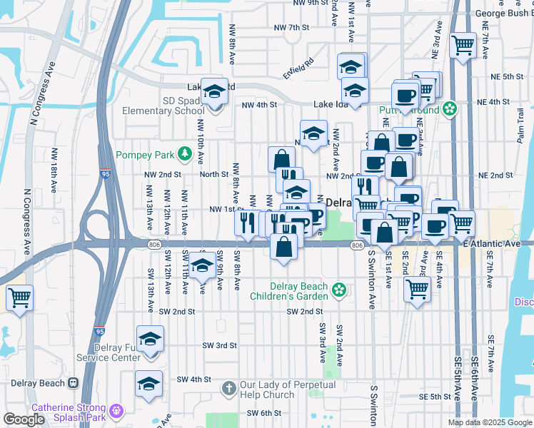 map of restaurants, bars, coffee shops, grocery stores, and more near 33 Northwest 6th Avenue in Delray Beach