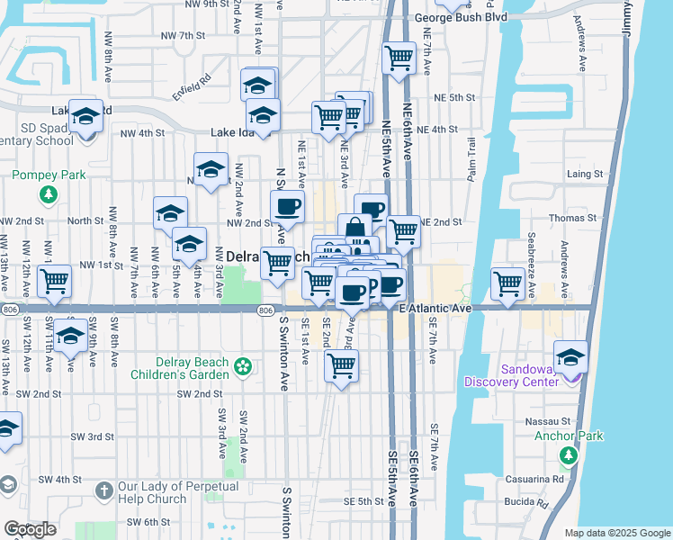 map of restaurants, bars, coffee shops, grocery stores, and more near 280 Northeast 1st Street in Delray Beach