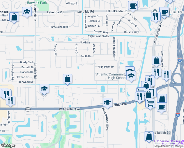 map of restaurants, bars, coffee shops, grocery stores, and more near 3892 Frances Drive in Delray Beach
