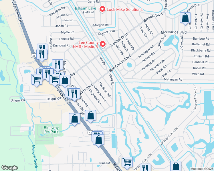 map of restaurants, bars, coffee shops, grocery stores, and more near 19020 Geranium Road in Fort Myers