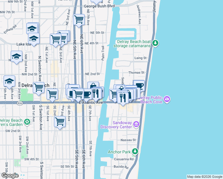 map of restaurants, bars, coffee shops, grocery stores, and more near 1000 Lowry Street in Delray Beach