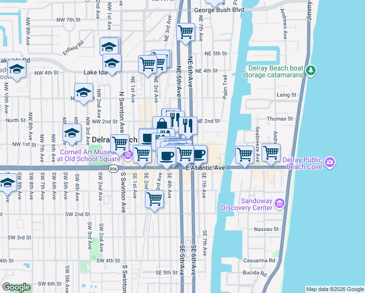 map of restaurants, bars, coffee shops, grocery stores, and more near 74 Northeast 5th Avenue in Delray Beach