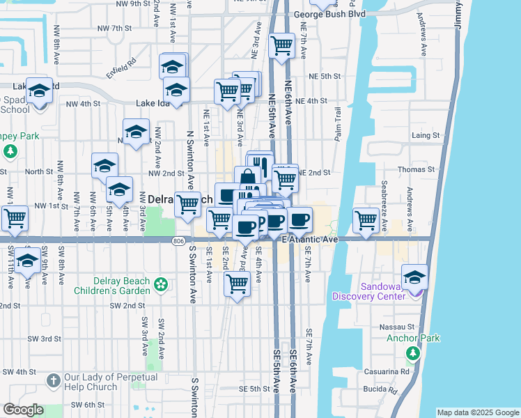 map of restaurants, bars, coffee shops, grocery stores, and more near 74 Northeast 5th Avenue in Delray Beach