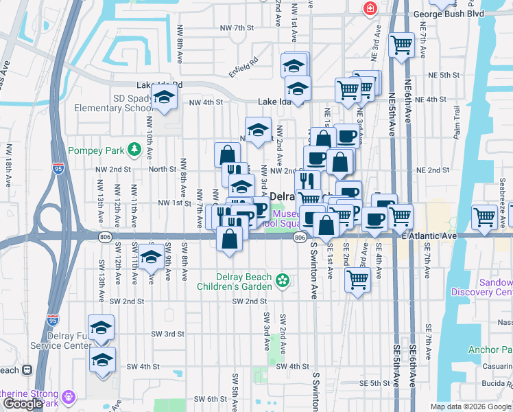 map of restaurants, bars, coffee shops, grocery stores, and more near 78 Northwest 3rd Avenue in Delray Beach
