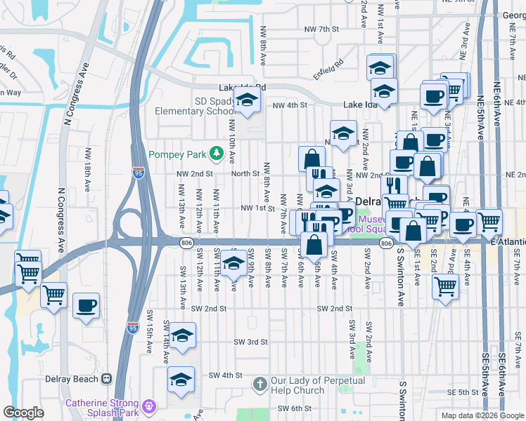 map of restaurants, bars, coffee shops, grocery stores, and more near 43 Northwest 9th Avenue in Delray Beach