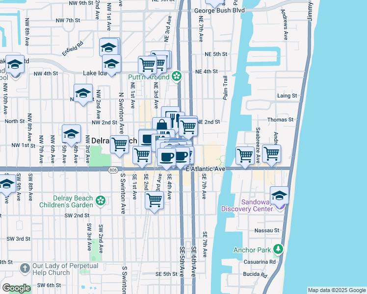 map of restaurants, bars, coffee shops, grocery stores, and more near 75 Northeast 5th Avenue in Delray Beach