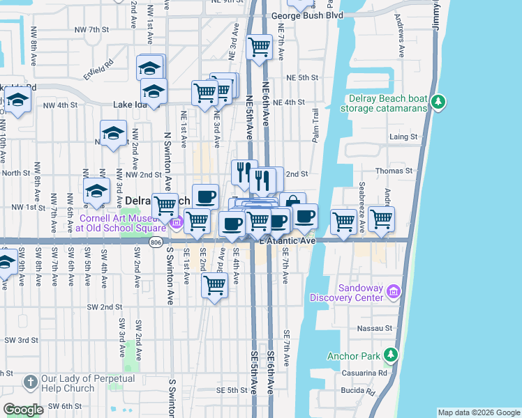 map of restaurants, bars, coffee shops, grocery stores, and more near 75 Northeast 5th Avenue in Delray Beach