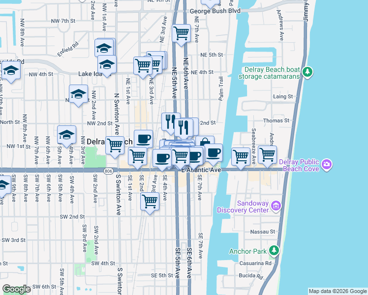 map of restaurants, bars, coffee shops, grocery stores, and more near 75 Northeast 5th Avenue in Delray Beach