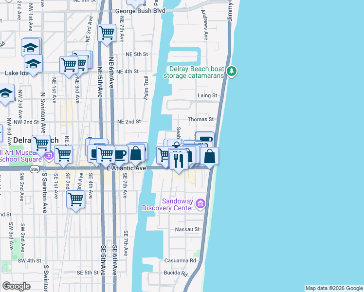 map of restaurants, bars, coffee shops, grocery stores, and more near 55 Seabreeze Avenue in Delray Beach