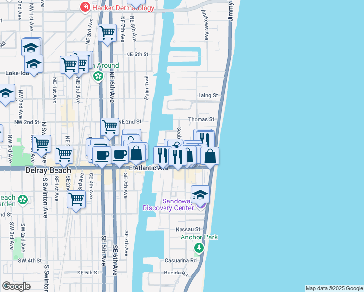 map of restaurants, bars, coffee shops, grocery stores, and more near 55 Seabreeze Avenue in Delray Beach