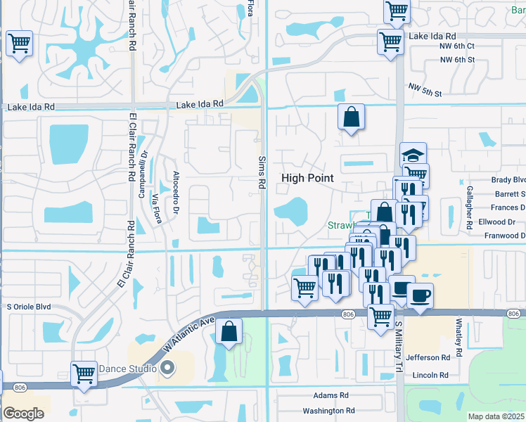 map of restaurants, bars, coffee shops, grocery stores, and more near 14384 Emerald Place Way in Delray Beach