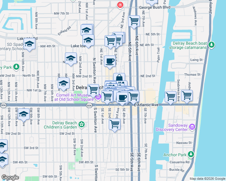 map of restaurants, bars, coffee shops, grocery stores, and more near 280 Northeast 1st Street in Delray Beach