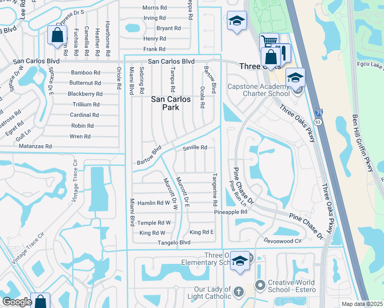 map of restaurants, bars, coffee shops, grocery stores, and more near 19020 Orlando Road in Fort Myers