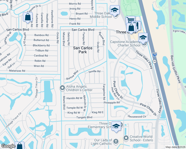 map of restaurants, bars, coffee shops, grocery stores, and more near 19020 Orlando Road in Fort Myers