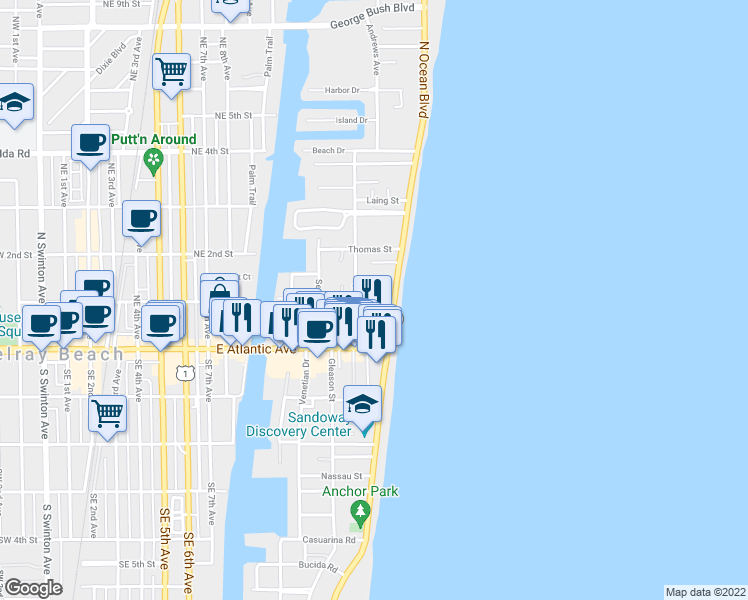 map of restaurants, bars, coffee shops, grocery stores, and more near 35 Andrews Avenue in Delray Beach