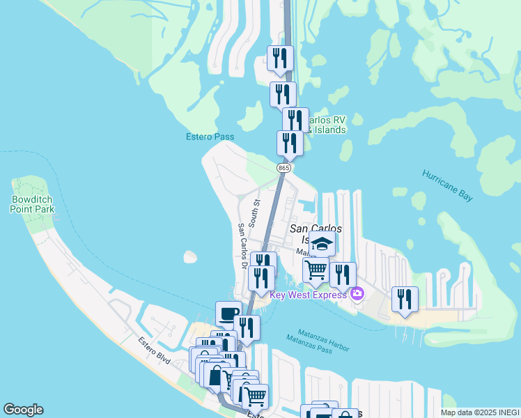 map of restaurants, bars, coffee shops, grocery stores, and more near 19190 San Carlos Boulevard in Fort Myers Beach