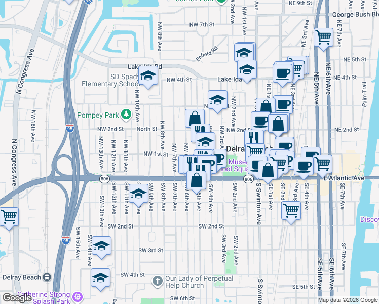 map of restaurants, bars, coffee shops, grocery stores, and more near 33 Northwest 6th Avenue in Delray Beach