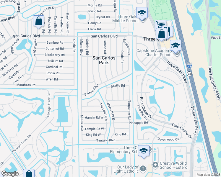 map of restaurants, bars, coffee shops, grocery stores, and more near 19025 Murcott Drive East in Fort Myers