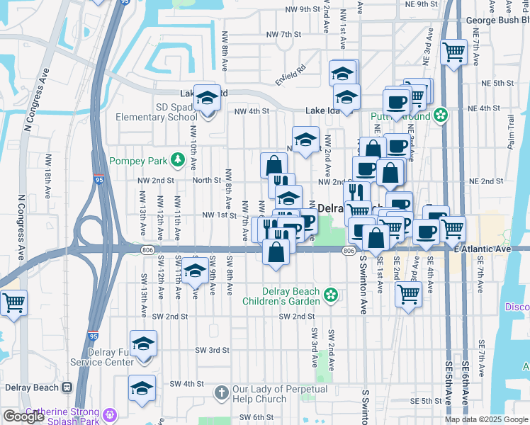 map of restaurants, bars, coffee shops, grocery stores, and more near 33 Northwest 6th Avenue in Delray Beach