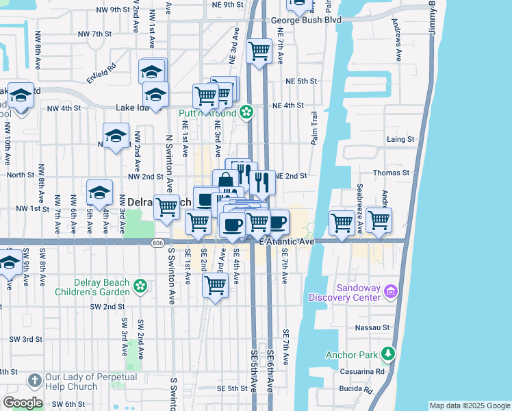 map of restaurants, bars, coffee shops, grocery stores, and more near 74 Northeast 5th Avenue in Delray Beach