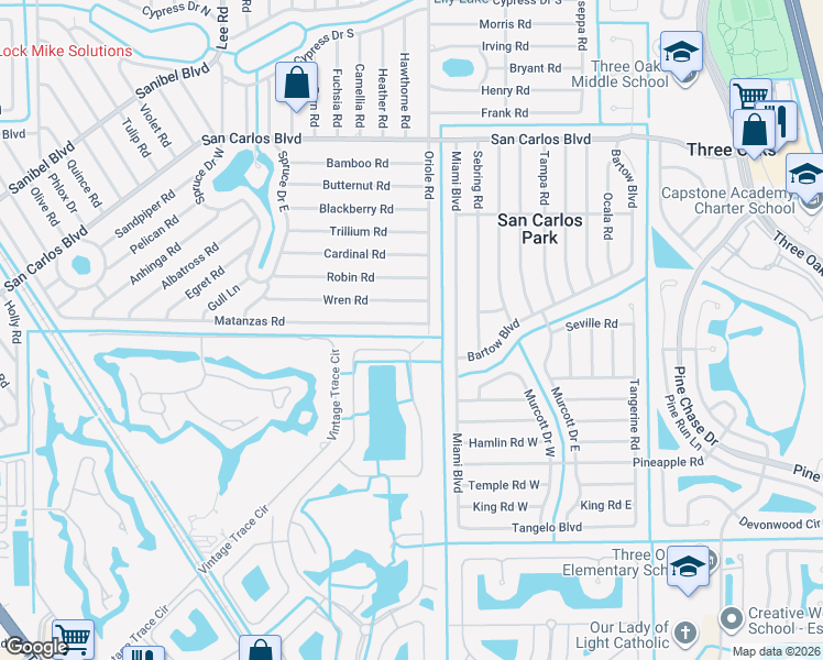 map of restaurants, bars, coffee shops, grocery stores, and more near 8438 Wren Road in Fort Myers