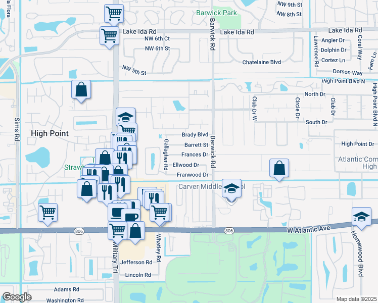 map of restaurants, bars, coffee shops, grocery stores, and more near 4623 Frances Drive in Delray Beach