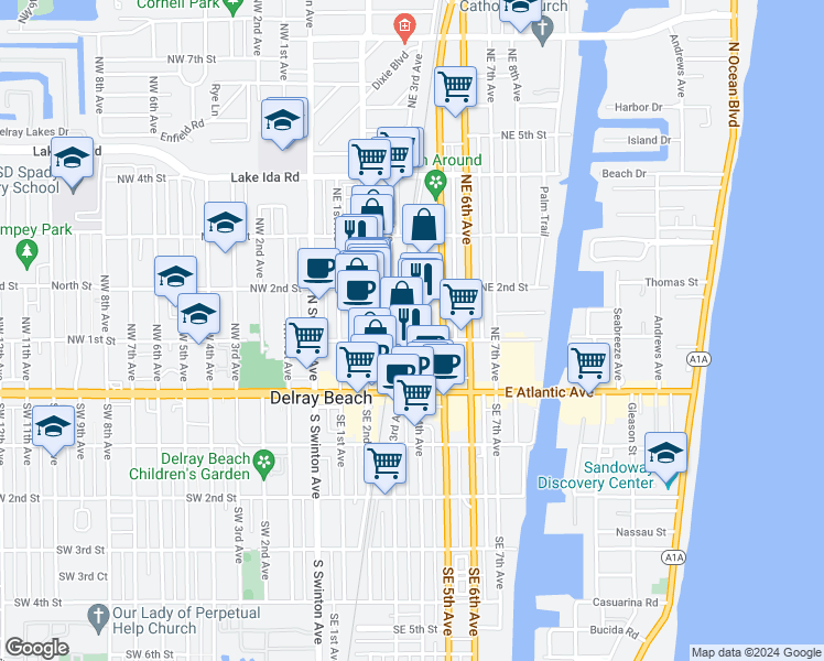 map of restaurants, bars, coffee shops, grocery stores, and more near 160 Northeast 3rd Avenue in Boynton Beach