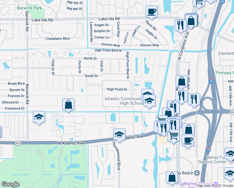 map of restaurants, bars, coffee shops, grocery stores, and more near 655 High Point Drive in Delray Beach