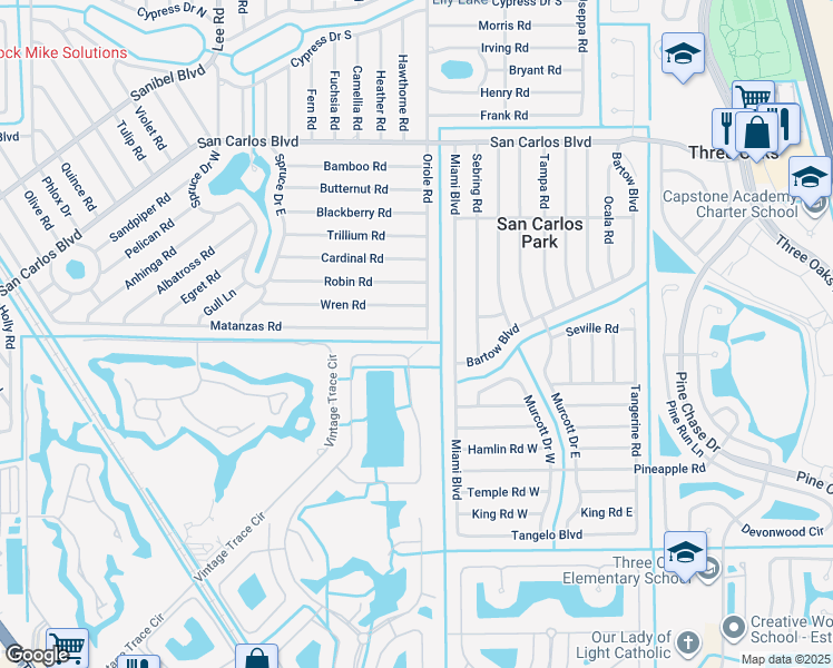 map of restaurants, bars, coffee shops, grocery stores, and more near 18677 Oriole Road in Fort Myers
