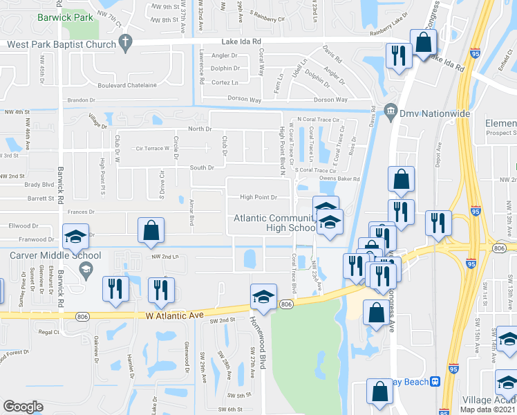 map of restaurants, bars, coffee shops, grocery stores, and more near 655 High Point Drive in Delray Beach