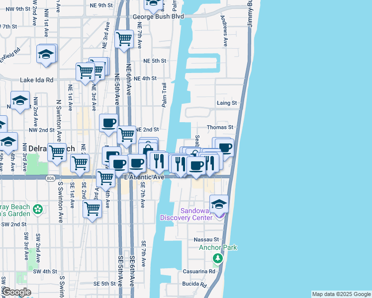 map of restaurants, bars, coffee shops, grocery stores, and more near 103 Basin Drive in Delray Beach