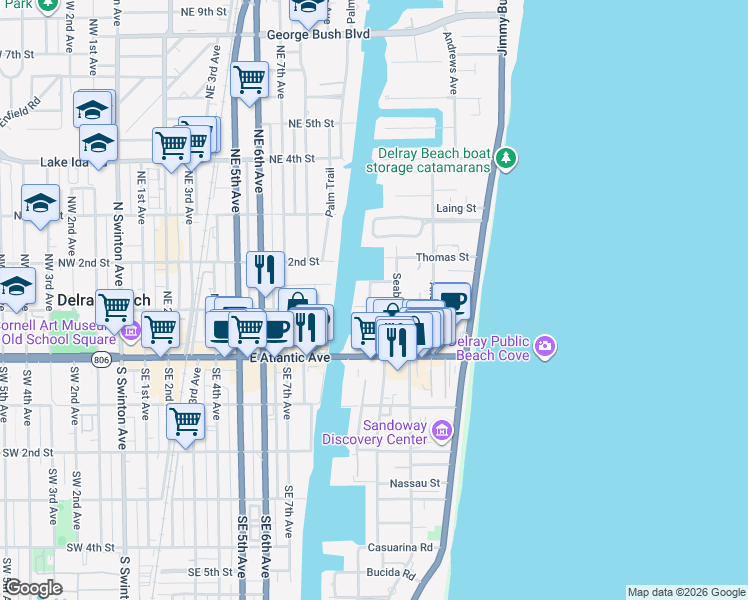 map of restaurants, bars, coffee shops, grocery stores, and more near 103 Basin Drive in Delray Beach
