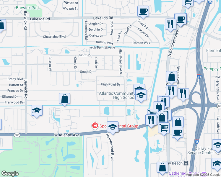 map of restaurants, bars, coffee shops, grocery stores, and more near 655 High Point Drive in Delray Beach