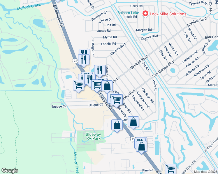 map of restaurants, bars, coffee shops, grocery stores, and more near 7344 Sanibel Boulevard in Fort Myers